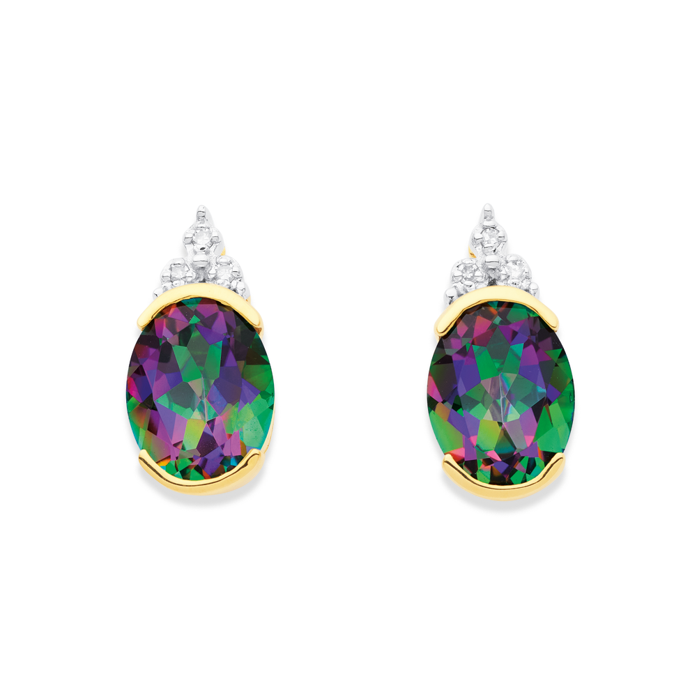 9ct Oval Mystic Green Topaz And Diamond Earrings in Green Goldmark NZ