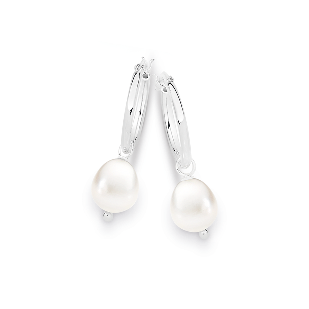 Sterling Silver Baroque Pearl Hoops in White | Goldmark (NZ)