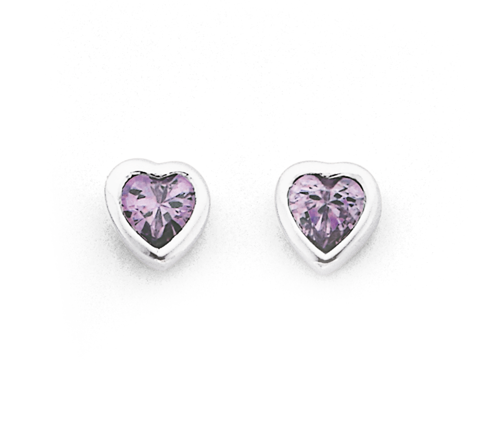 Sterling Silver Cubic Zirconia Violet Heart Studs in Purple